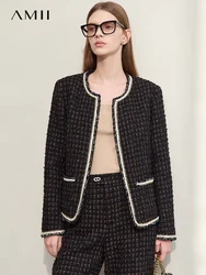 AMII Minimalist Tweed Coats Women Jacket 2024 Autumn Winter Elegant O-Neck Coat Straight Casual Pants Sold Separately 12344182