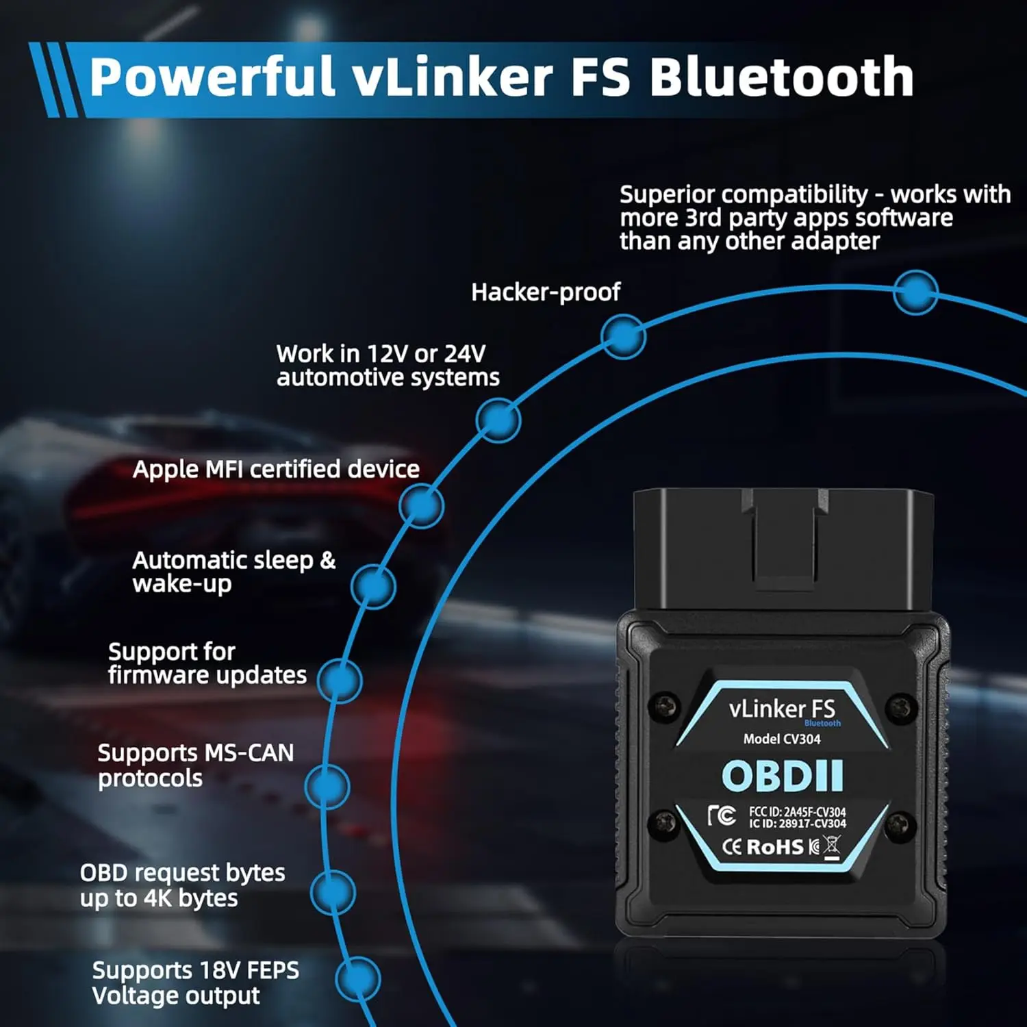 الماسح الضوئي V-gate FS Bluetooth Obd2، قارئ الرمز اللاسلكي لأجهزة iPhone، Android، Windows، التحكم ثنائي الاتجاه، تشخيص جميع الأنظمة #6