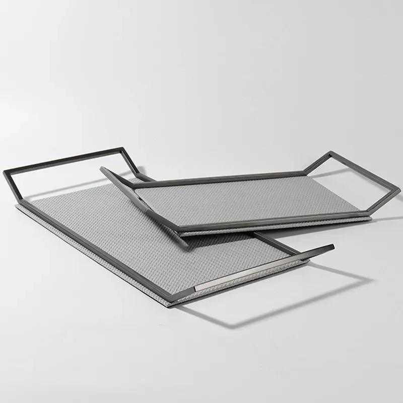 Simple and modern cold gray leather metal tray ornament, home furnishing, living room coffee table storage tray, model room