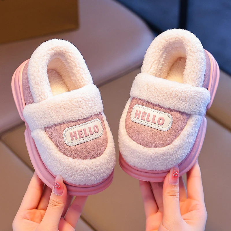 New Fashion Winter Children\'s Cover Heel Fluffy Slippers For Boys Girls Soft Non-slip Warm Flat Home Slip On Cotton-padded Shoes