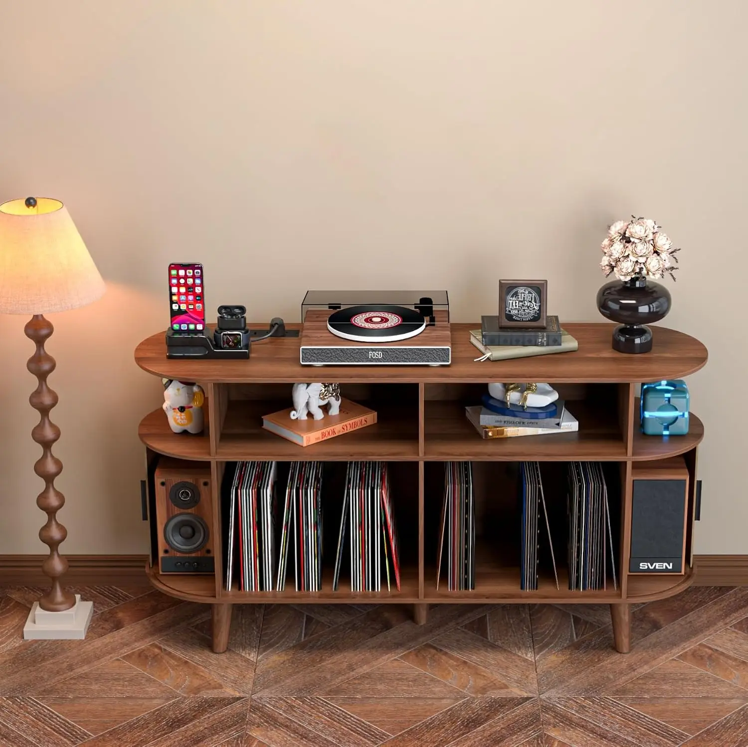 Round Vinyl Record Player Stand with Charging Station & USB Ports, Customized