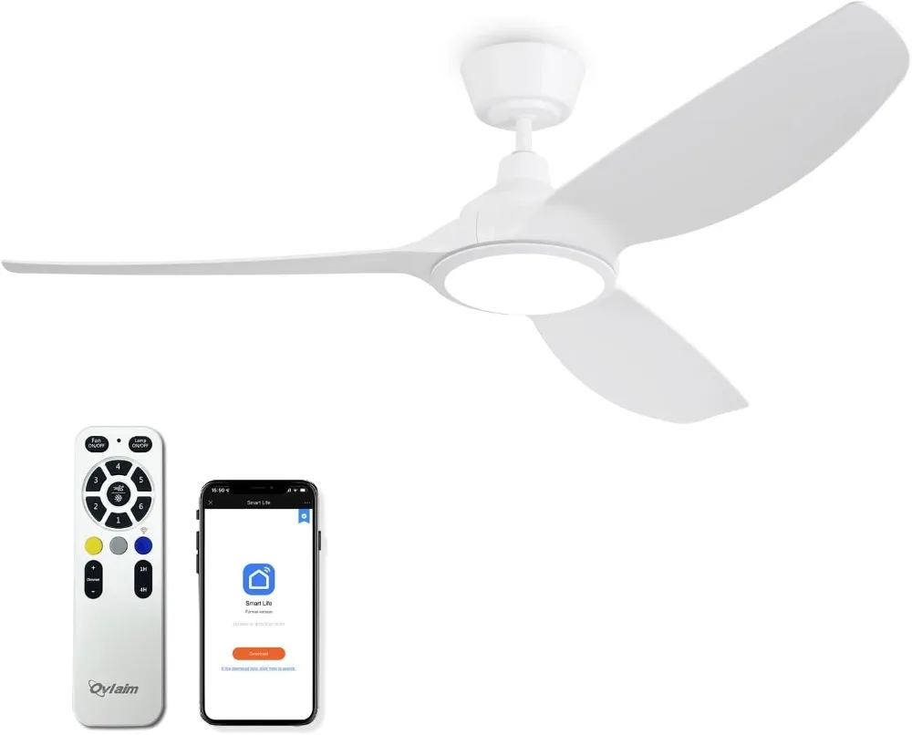 Ovlaim Ventiladores de Techo Inteligentes 132 cm Blancos con Luces y Control Remoto, Motor DC Silencioso de Alto Flujo de Aire,