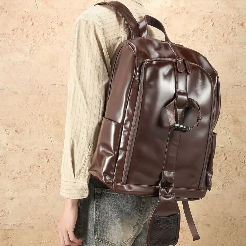 Men Brown Genuine Cowhide Leather Backpack Vintage Motorcycle Travel Daypack Large Capacity Laptop Bag with Zipper