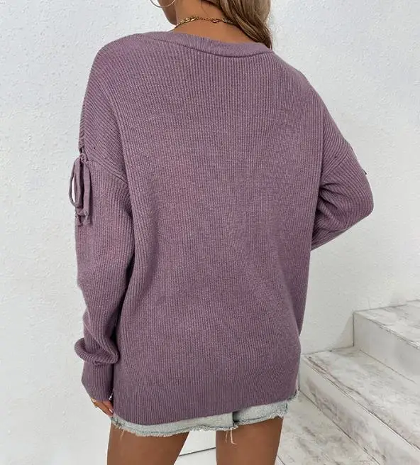 Women Fall Round Neck Sweater Knitted Soft Pullovers Tie Up Long Sleeve Basic Solid Sweaters for Women 2023 Autumn Winter