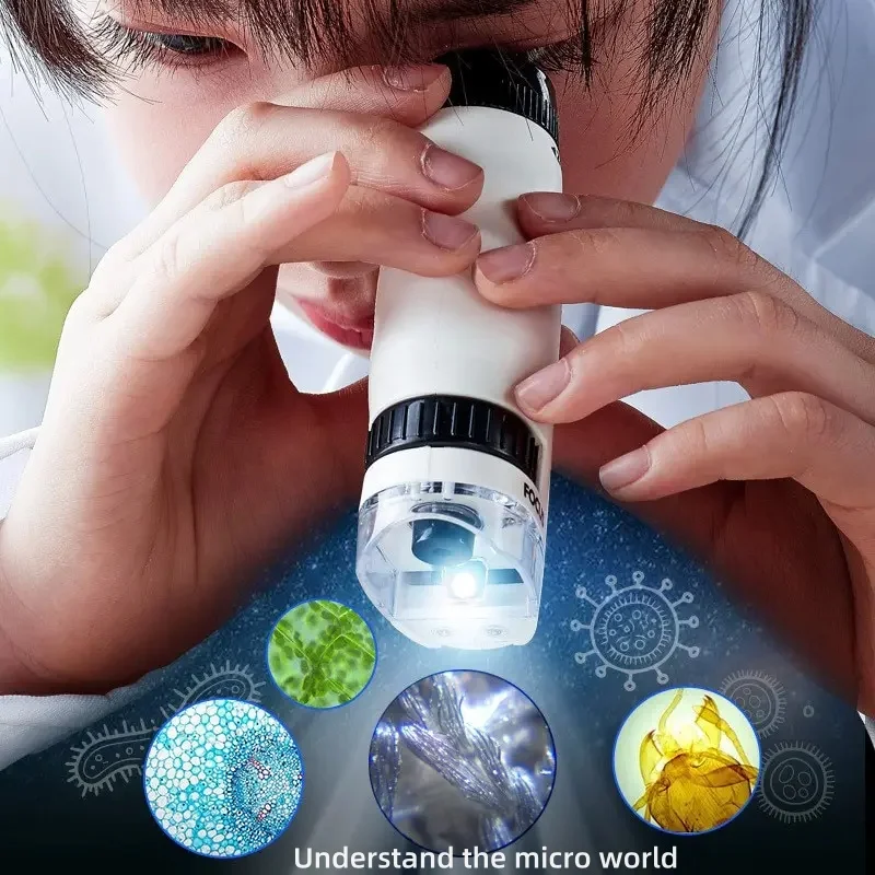 Handheld Biological Microscope for Children, Educational Toys, Birthday Gift, LED Light, 60X-120X