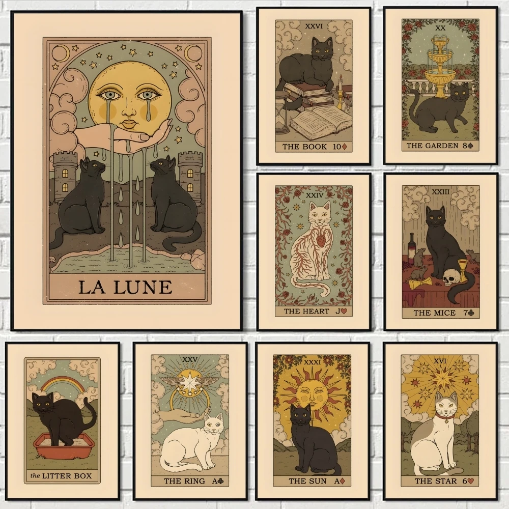 

Retro Cats Tarot Painting Calligraphy Canvas Poster Room Home Interior Wall Decoration Painting Art Mural Spaces