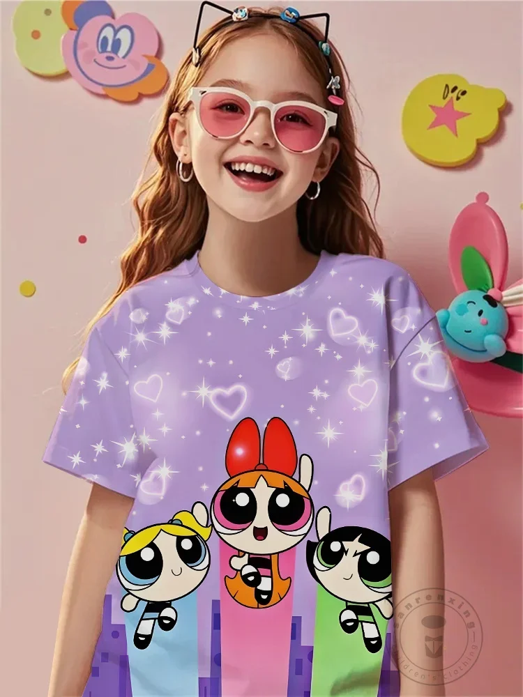 

New Flying Powerpuff Girls Action Pose 3D Print Tee Short Sleeve Summer Round Neck Top Boys Girls Cartoon Wear