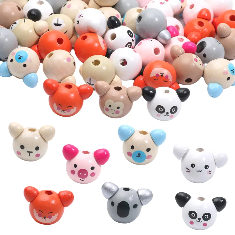 10pcs 9Style Cute Wood Animals Beads Painting Natural Wooden Beads For Jewelry Making Diy Bracelet Accessories Handmade Craft