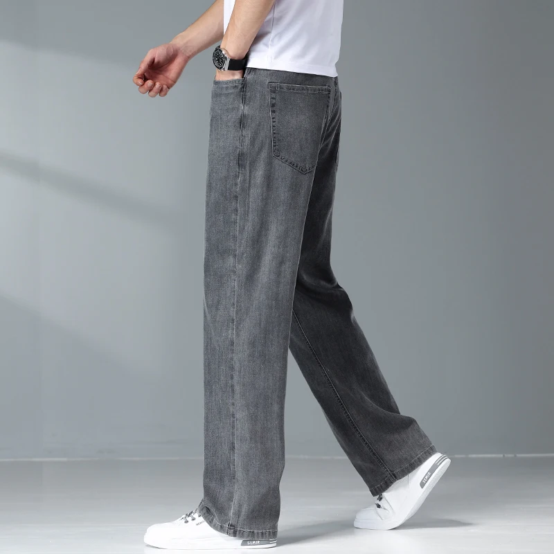 Summer Ice Silk Thin Light Gray Jeans for Men Loose Wide Leg Plus Size Casual Trousers High Quality Stretch Soft Fabric Pants