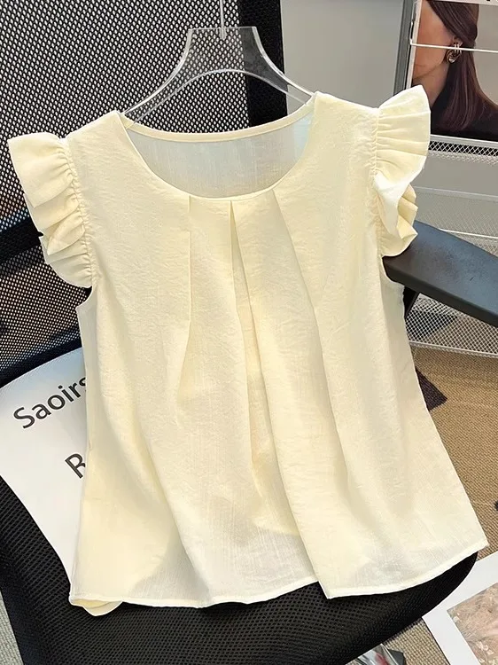 

Elegant Summer Outerwear Women's Shirt Design Sensation Doll Sleeveless Top Fashionable round Neck Polyester Fiber Blouse
