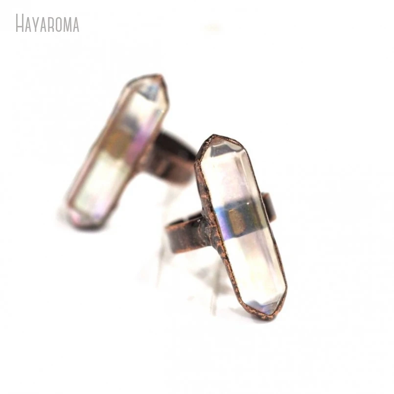 10Pcs Wholesale  Double Terminated Point Hexagon Vintage Style Antique Bronze Color Aqua Aura Glass Crystal Ring RM40995