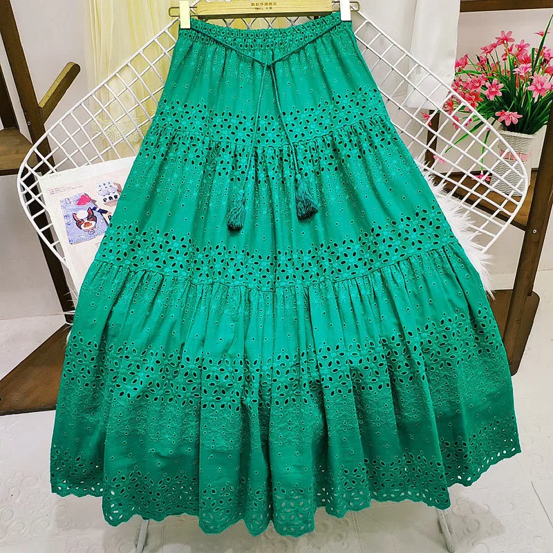 2023 Embroidery Hollow Out Long Cotton Skirt Women's Summer A-line Long Boho Skirt