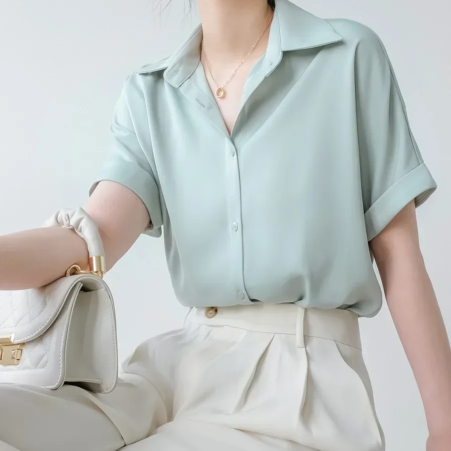 Women Satin Shirt Short Sleeve Summer Ladies Casual Loose Blouse Solid Color Female Single Breasted Tops Elegant Streetwear