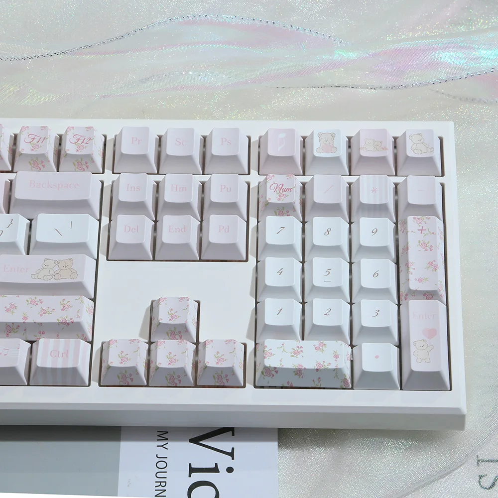 

129 Keys Little Bear Pink Cherry Profile PBT Custom Keycaps Cute Floral Mechanical Keyboard Key Cap Gifts