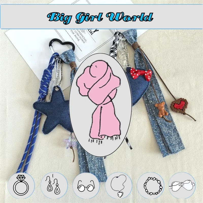 الإبداعية الدنيم نمط على شكل قلب الخماسية نجمة المنسوجة سلسلة مفاتيح قصيرة قلادة العصرية وباردة InS-نمط حقيبة قلادة #5