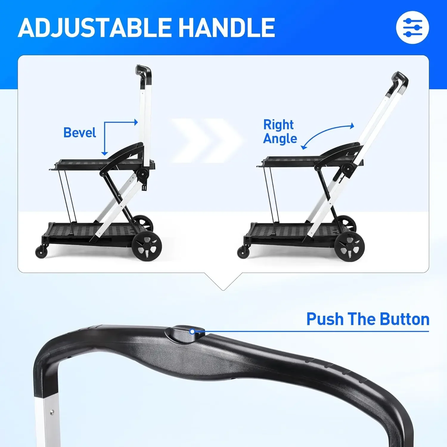 Folding Shopping Cart, Collapsible Shopping Cart with Wheels, Adjustable Foldable Portable Trolley, Grocery Shopping Cart with R