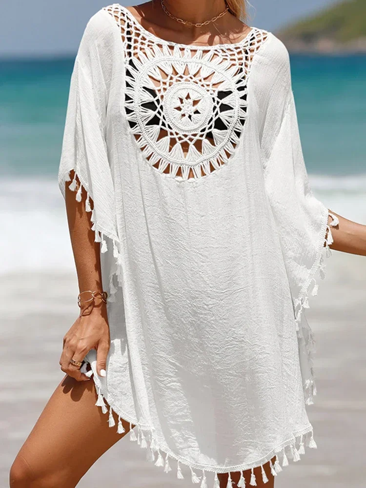 2025 수영복 여성을위한 새로운 커버 업 섹시한 솔리드 할로우 비치 드레스 술 짧은 소매 Beachwear 여름 새로운 수영복