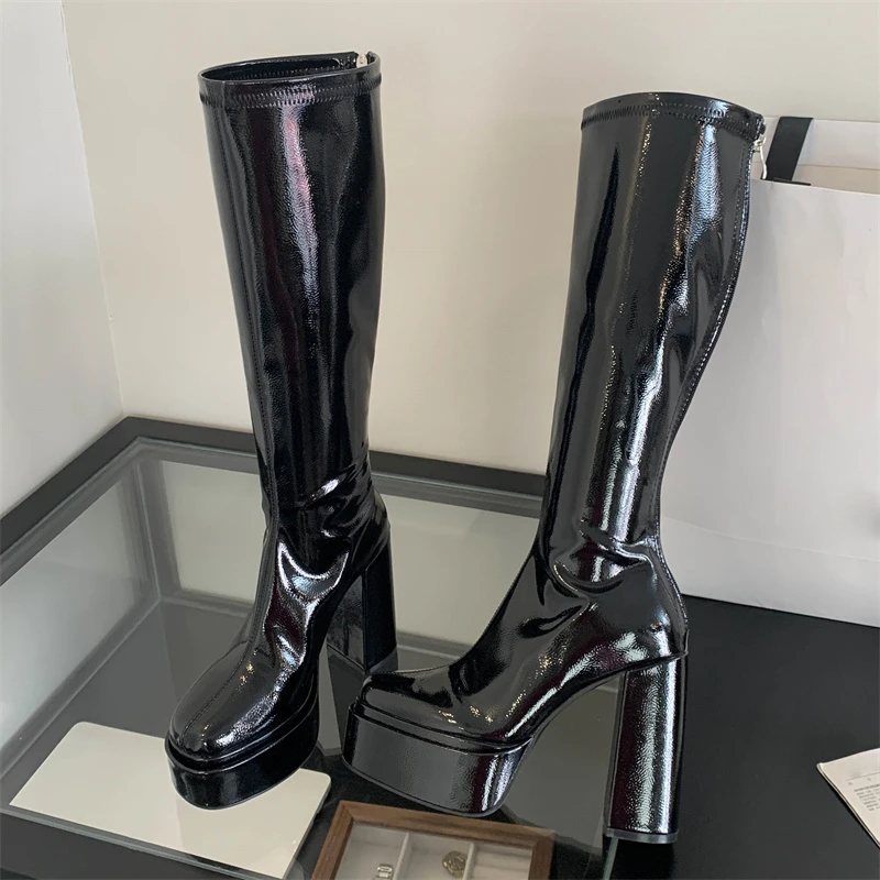 Winter Fashion Round Toe Women Knee-High Boots Punk Style Platform Zipper Shoes Square High Heels Banquet Booties