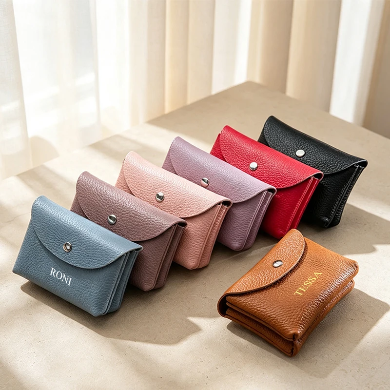 Custom Name Luxury Coin Pouch PU leather Business Card Wallet Wholesale Zip Engrave Initials Casual Card holder Wedding Gift