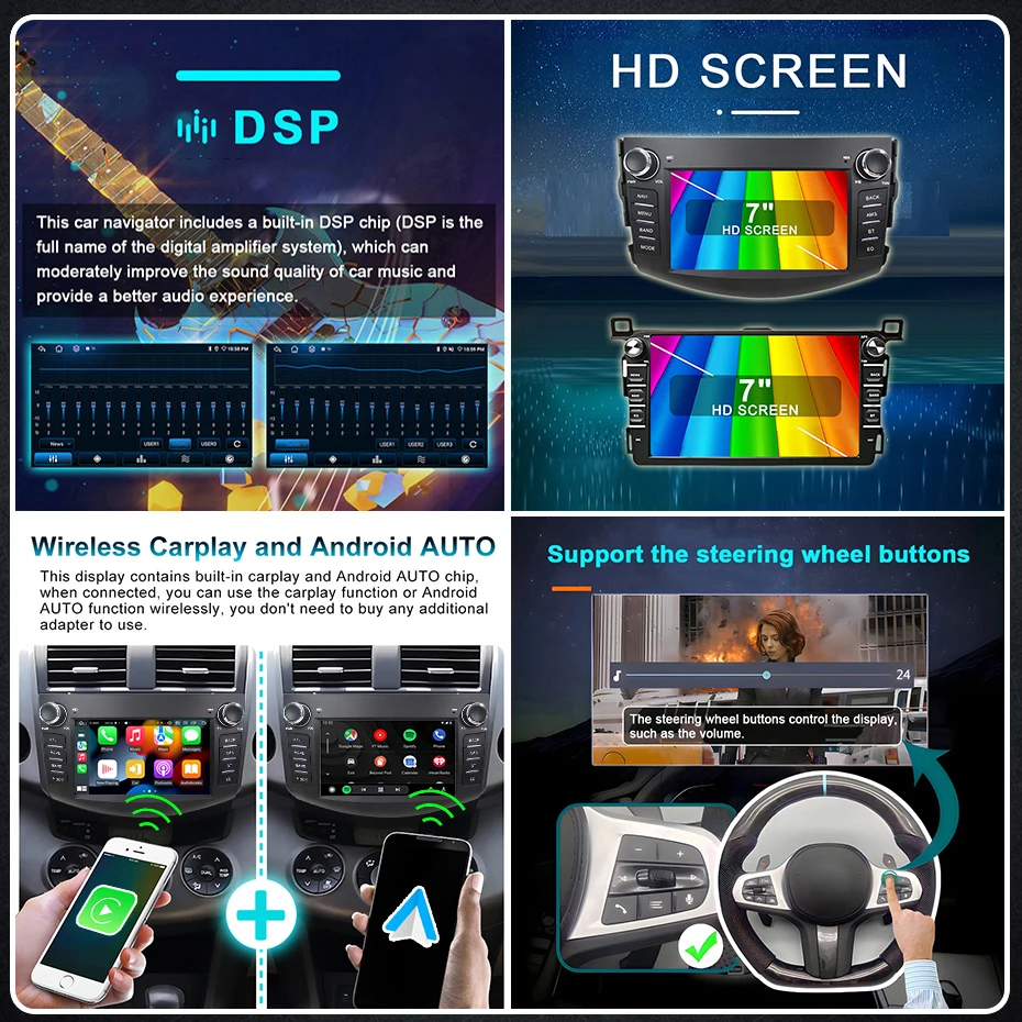 اللاسلكية Carplay أندرويد 14 شاشة راديو السيارات لتويوتا RAV4 2006-2018 2 din autoradio سيارة مشغل وسائط متعددة نظام تحديد المواقع ستيريو 4G LTE