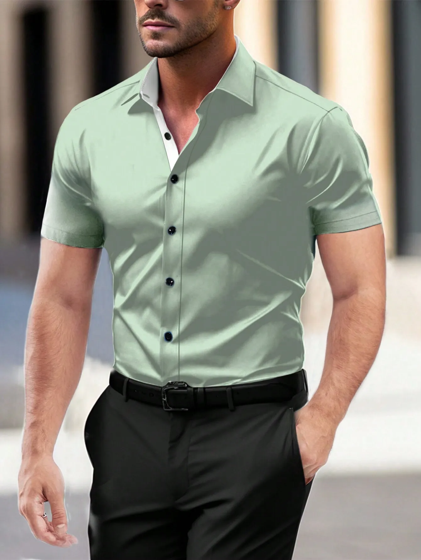 

Men's Slim Fit Solid Mint Green Short Sleeve Button-Up Casual Shirt