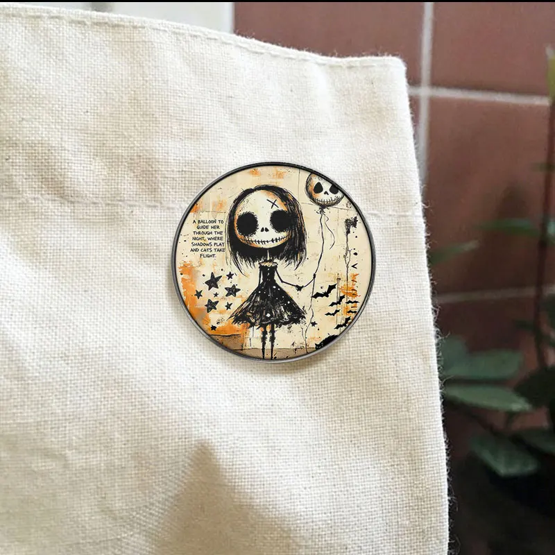 Cool Gothic Girl UV Printing Badge Skull Balloon And Black Cat Pin Dark Fantasy Jewelry Metal Brooch For Halloween Gift