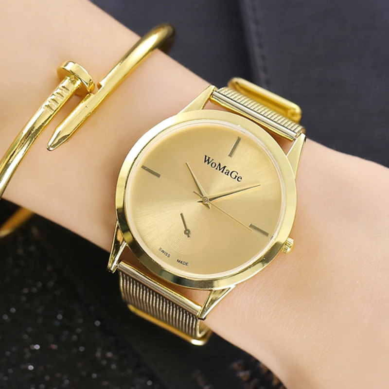 

WOMAGE Watch Women Gold Watches Luxury Golden Mesh Band Quartz Wristwatches Ladies relogio feminino reloj mujer horloges vrouwen