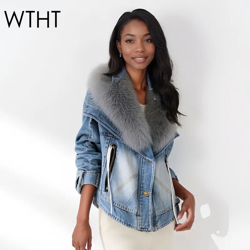 

WTHT Fashion Women‘s Spliced Plush Collar Cotton Liner Quilted Denim Jacket 2025 Winter Trendy Long Sleeves Coat Female 1LS2675