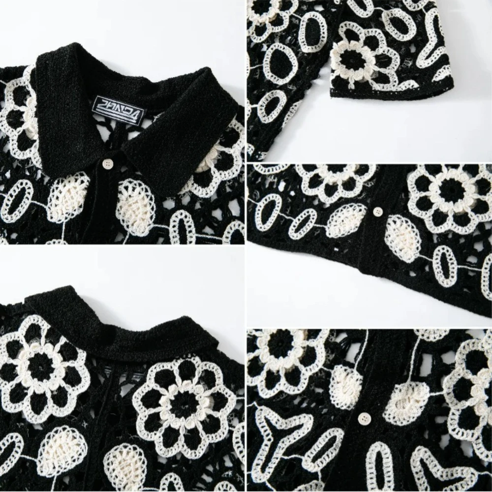 Summer Men's Vintage Crochet Knit Lapel Collar Polo T-Shirts Short Sleeve Button Up Cardigan Shirts Male Hollow Out Streetwear