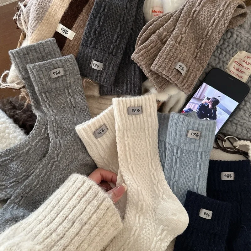 6 Pairs Thick Winter Mid-calf Socks Pure Color Warm Women's Socks Set Fashion Cheap Solid Color White School Socks for Girls