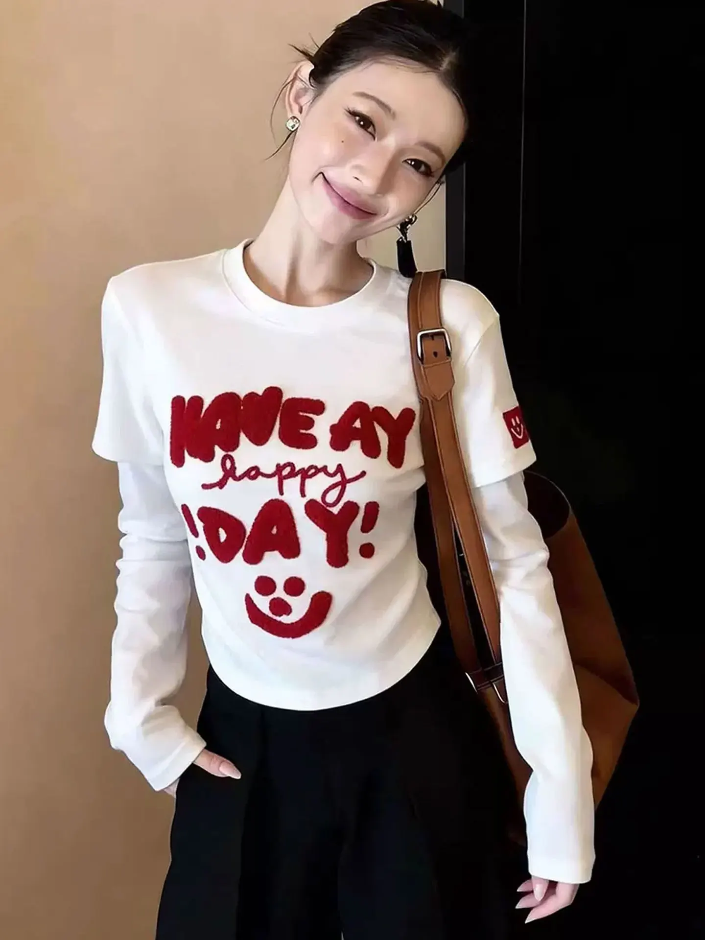 

Модная корейская футболка с длинным рукавом и круглым вырезом, облегающая, базовая, трендовая, из шелкового материала, от европейского бренда класса люкс