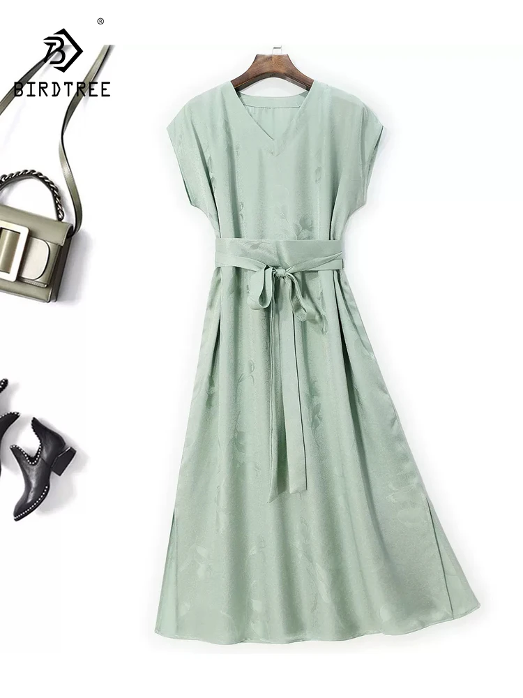 

BirdTree, Natural Silk Elegant Dresses, Women Short Sleeve V Neck Floral, Retro Loose Commute Dress, 2024 Summer Fall D47107QC