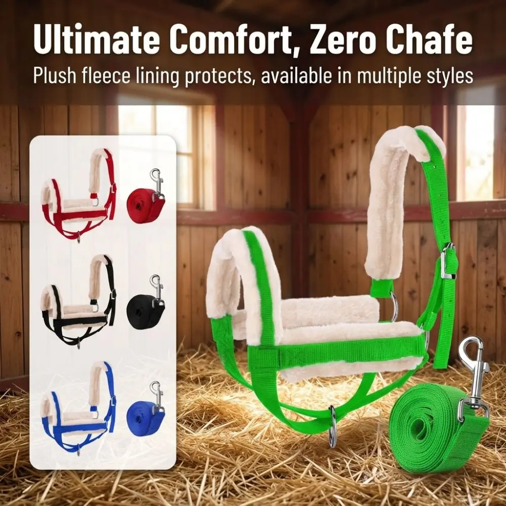 Plush Nylon Cow Halter Adjustable with Long Lead Rope Halter Lead Rope Set Durable Fleece-lined Animal Training Harness Outdoor