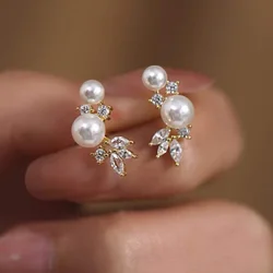 Huitan Graceful Gold Color/Silver Color Stud Earrings Lady Simulated Pearl Jewelry Chic Shiny Zirconia Accessories for Wedding