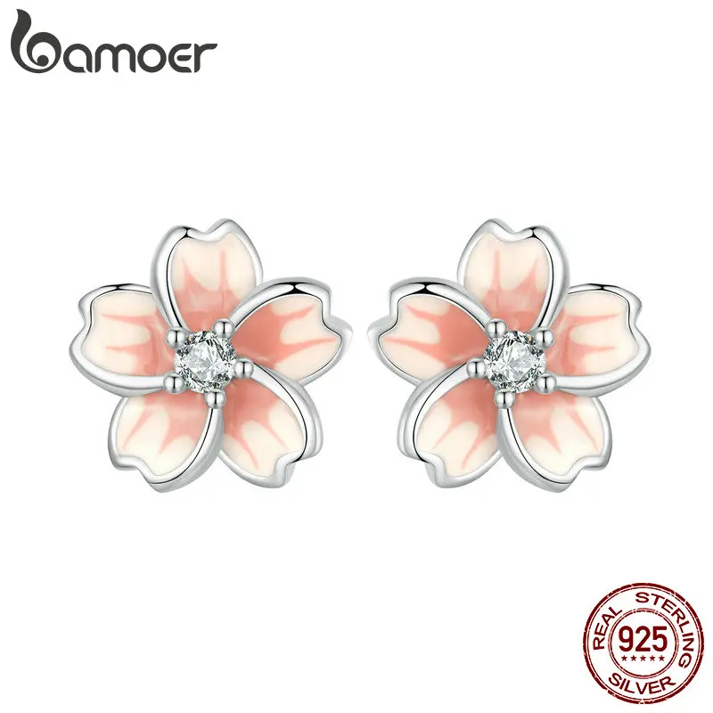 עגילי פרח דובדבן בצבע ורוד BAMOER, כסף סטרלינג 925, עם אבן CZ מצופה פלטינה לנשים ובנות