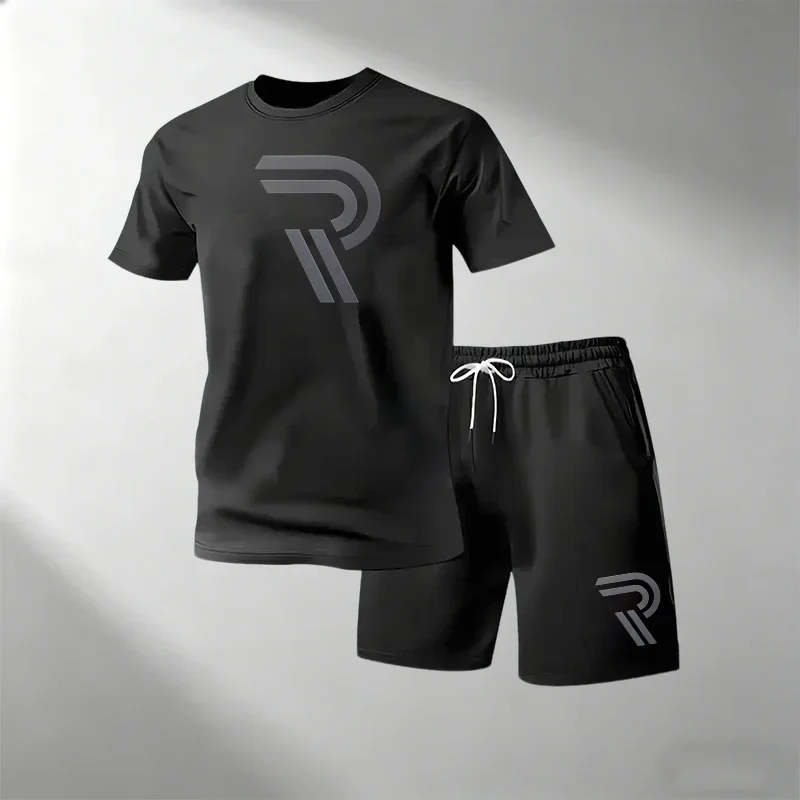 Men's Casual Fitness Two Piece Set Short Sleeve T-Shirt + Shorts Breathable Quick Dry Running Gym T-Shirts Sets Hot Sale