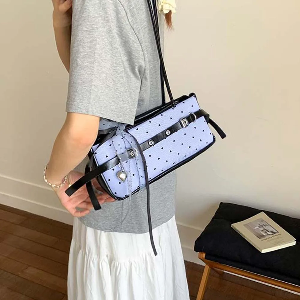 

Portable Sweet French Stick Handbag Canvas Bow Ribbon Blue Shoulder Bag PU Korean Style Stripe Heart Underarm Bags Girls