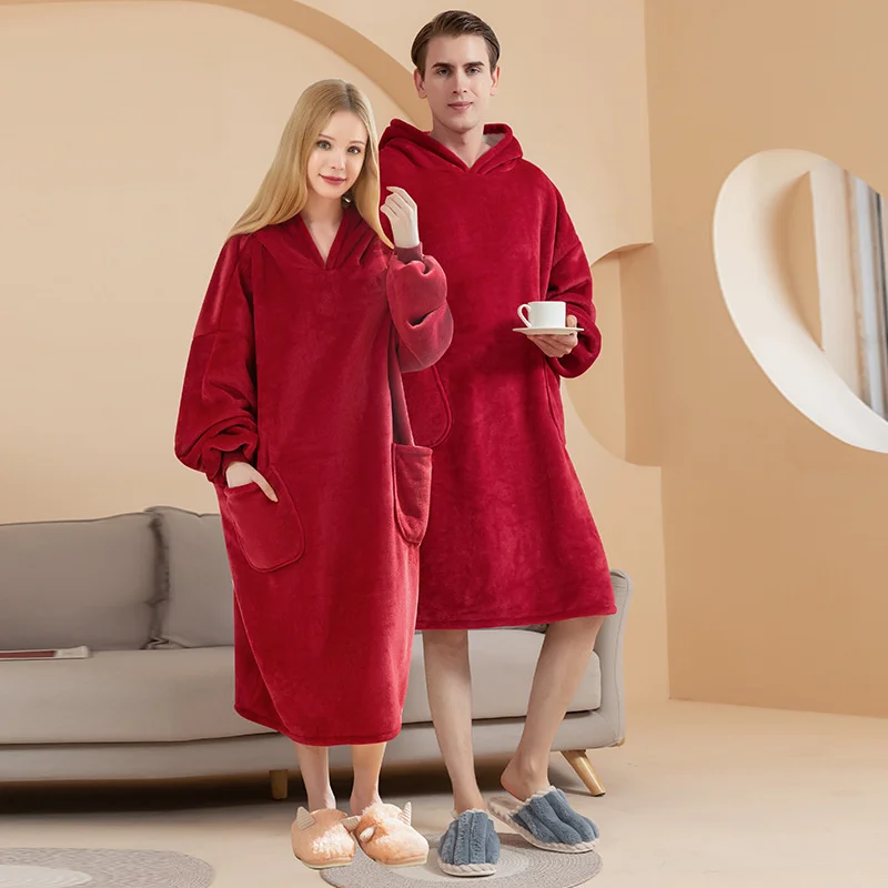 Double Layers Flannel Robes for Women Winter Hood Men's Bathrobe Super Thicken Warm Kimono Casual Lazy Television Blanket