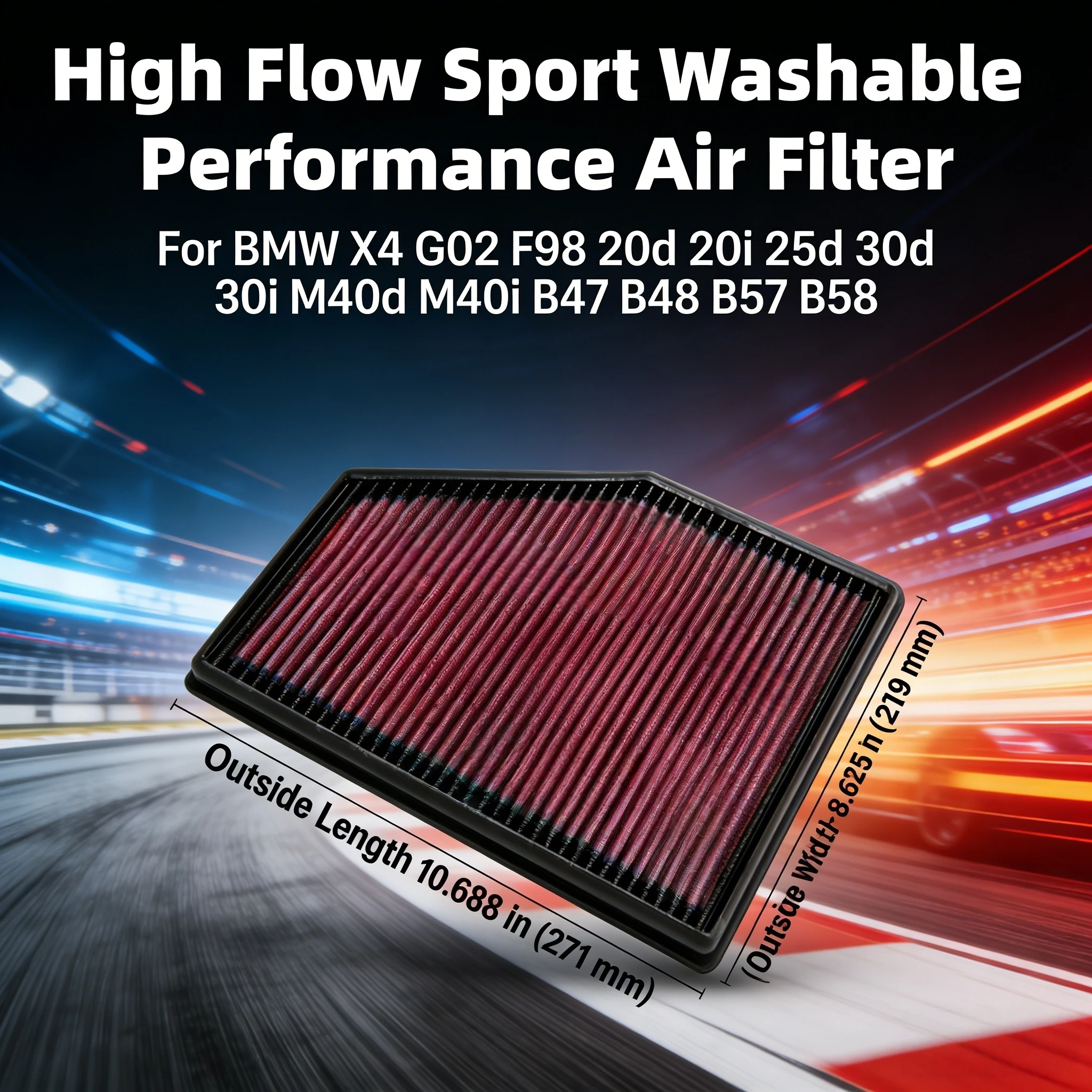

High Flow Sport Washable Panel For BMW X4 G02 F98 20d 20i 25d 30d 30i M40d M40i B47 B48 B57 B58 Air Filter Replacement 33-3079