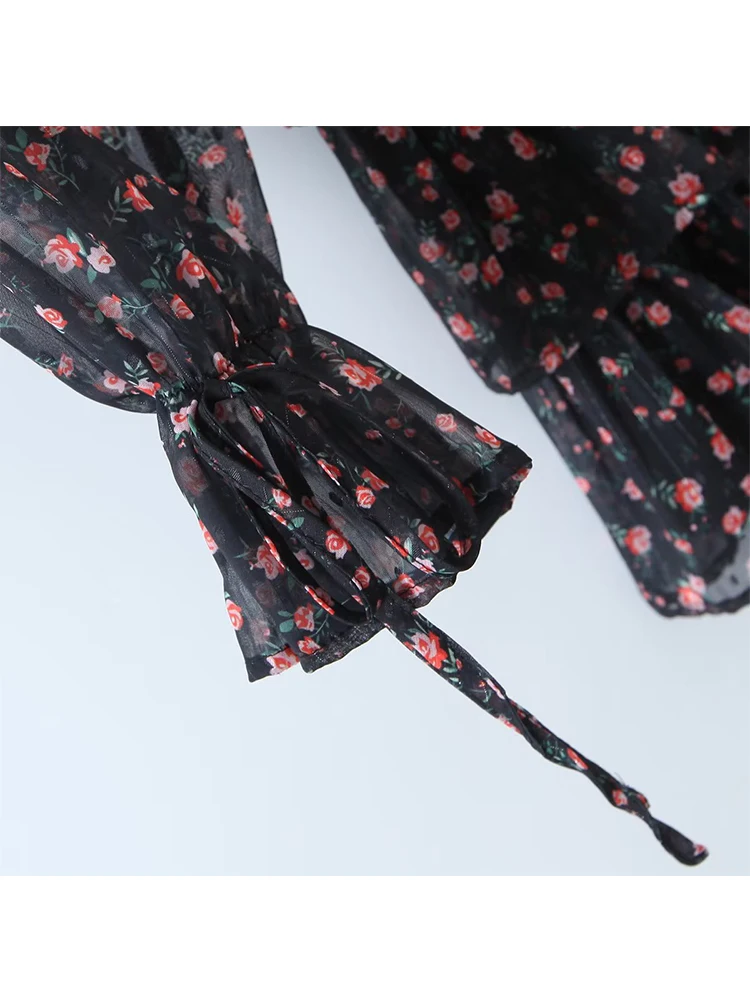 Vintage bloemenprint jurk dames 2023 nieuwe zomer chique chiffon mini-jurk sexy semi-transparante lange mouwen gelaagde ruches korte jurk