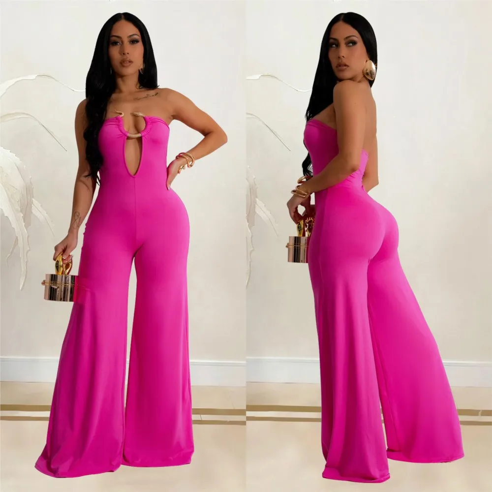 

Summer Sexy Backless Women's Jumpsuit Fashionable Slim Fit Elegant Package hip Wide Leg Long Pants Female Party Jumpsuit 2025