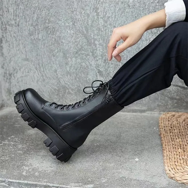 Women's Boots Fashion High-top Leather Boots Lace Up Platform Boot Side Zipper Ankle Boots for Women Motorcycle Boot Botas Mujer