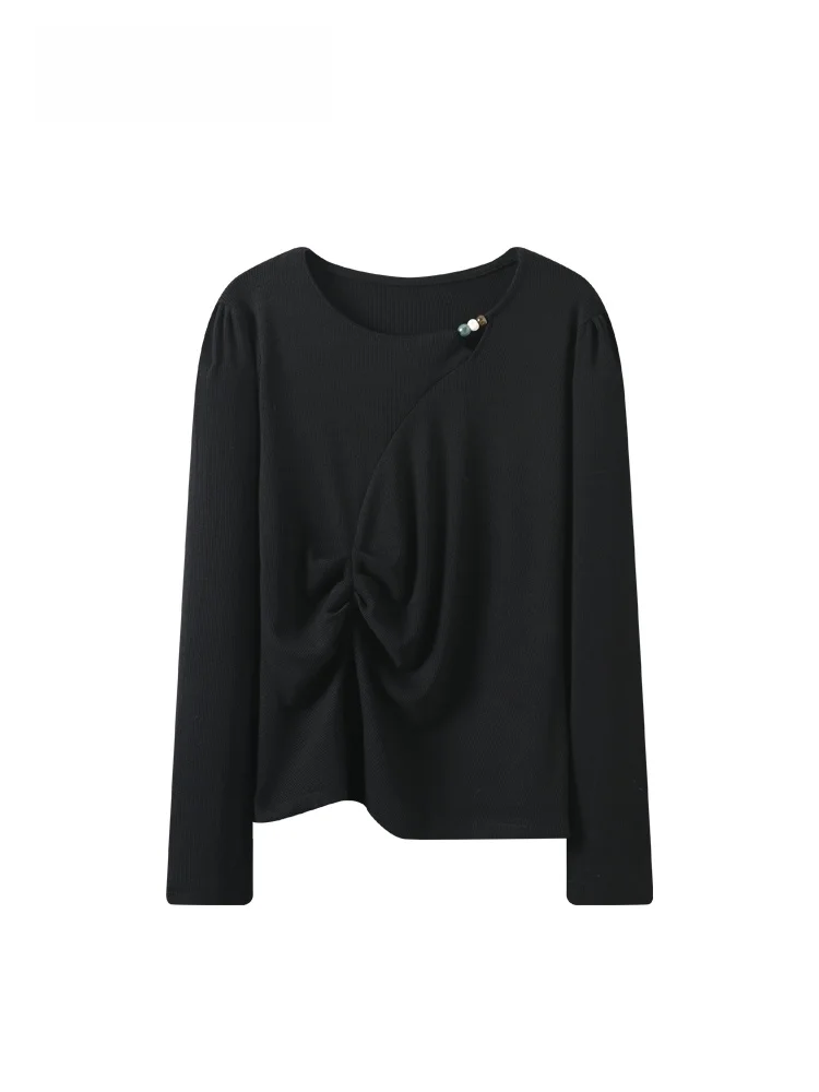 

Женская футболка больших размеров с круглым вырезом и длинным рукавом, осенне-зимняя новинка, асимметричный дизайн с перекрестными элементами, свободный крой, повседневный топ для полных женщин.