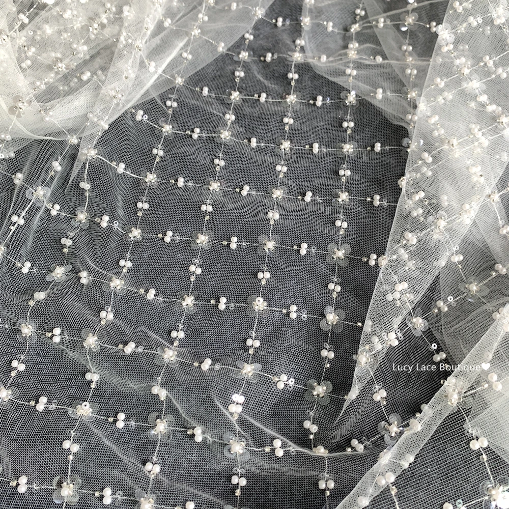 

Белоснежная кружевная ткань с бисером, сетка с геометрическим дизайном, тюль, сетка, кружевной швейный материал, 1 ярд, новинка 2023 года