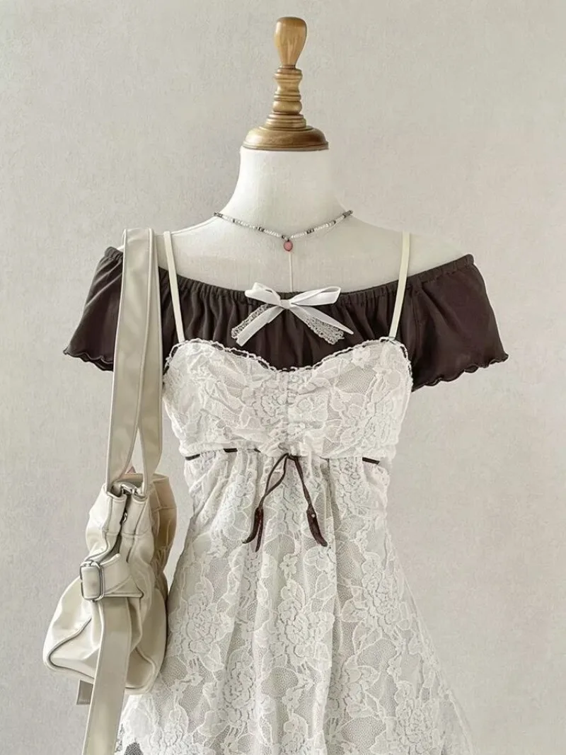 Japanese Lolita Womens 3 Peice Sets One Shoulder Y2k Tops Kawaii Slim Fit Lace Camisole Plaid Mini Skirt Sets Festival Outfit