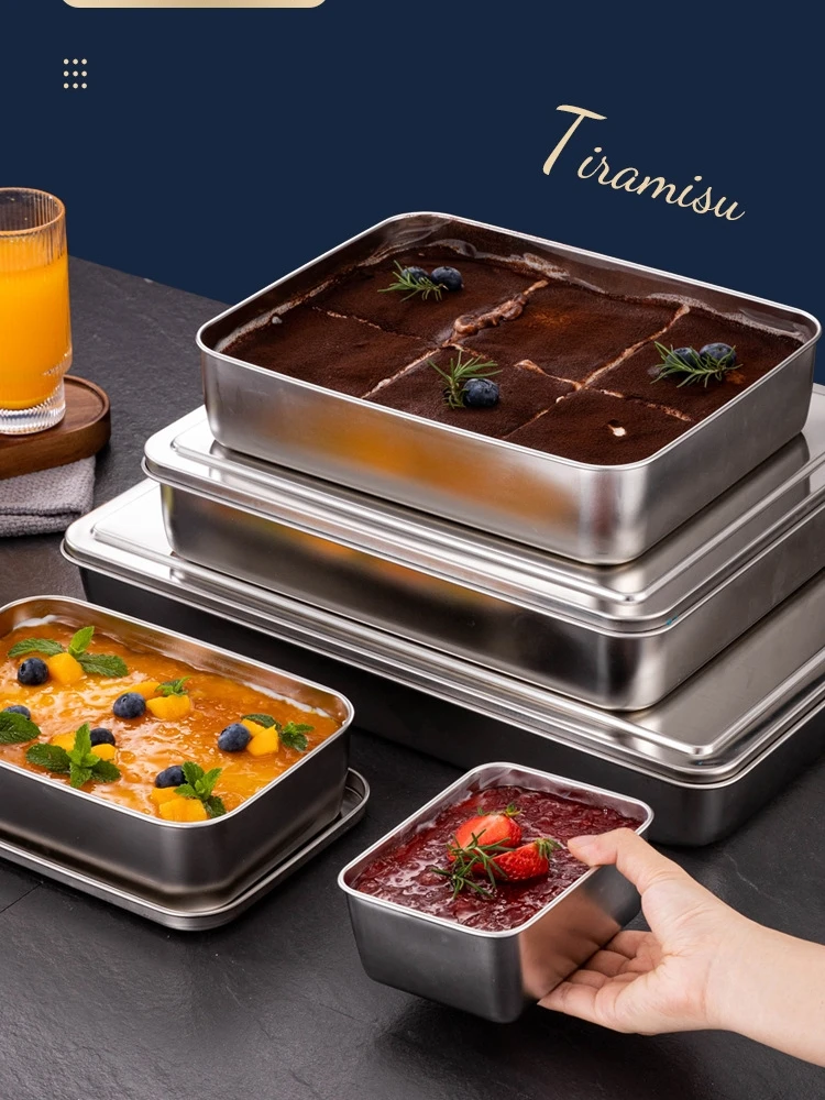 

Stainl Steel Deep Flat Bot Tirsu Tray with Lid Cake Baking Di Iron Box Container Square Pastry Cooking Utensil