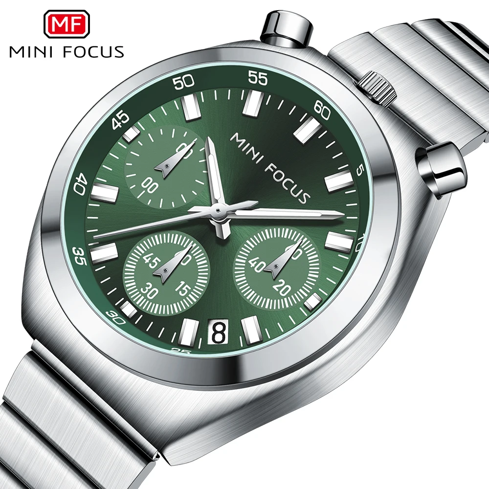 MINI FOCUS Silver Green Quartz Watch for Women Fashion Stainless Steel Band Chronograph Wristwatch with Luminous Hands Date 0491