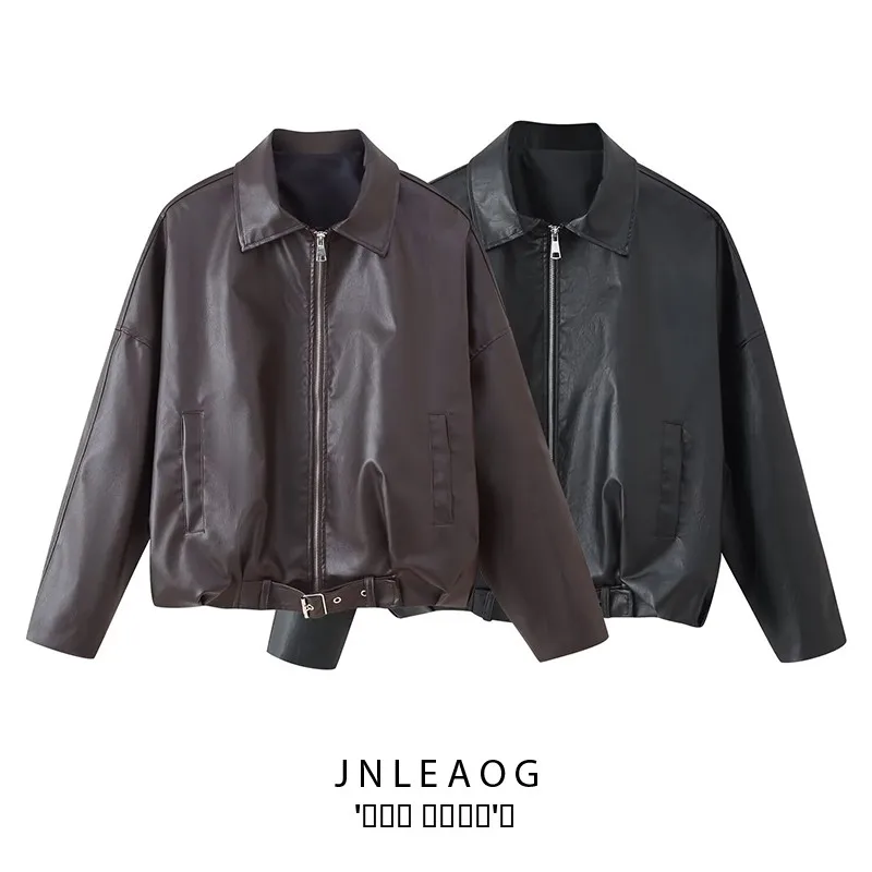 ファイオナブル レトロ レザー ジャケット ベルト付き ロングスリーブ レディース アウター 秋新作 スレ JNLEAOG ポリエステル コート