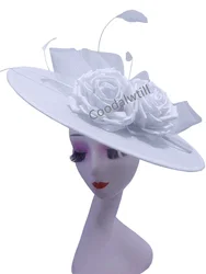 White Big Derby Headpiece Fascinator Hat Women Wedding Flower Millinery Cap Headband Ladies Party Dinner Chapeau Cap Femme