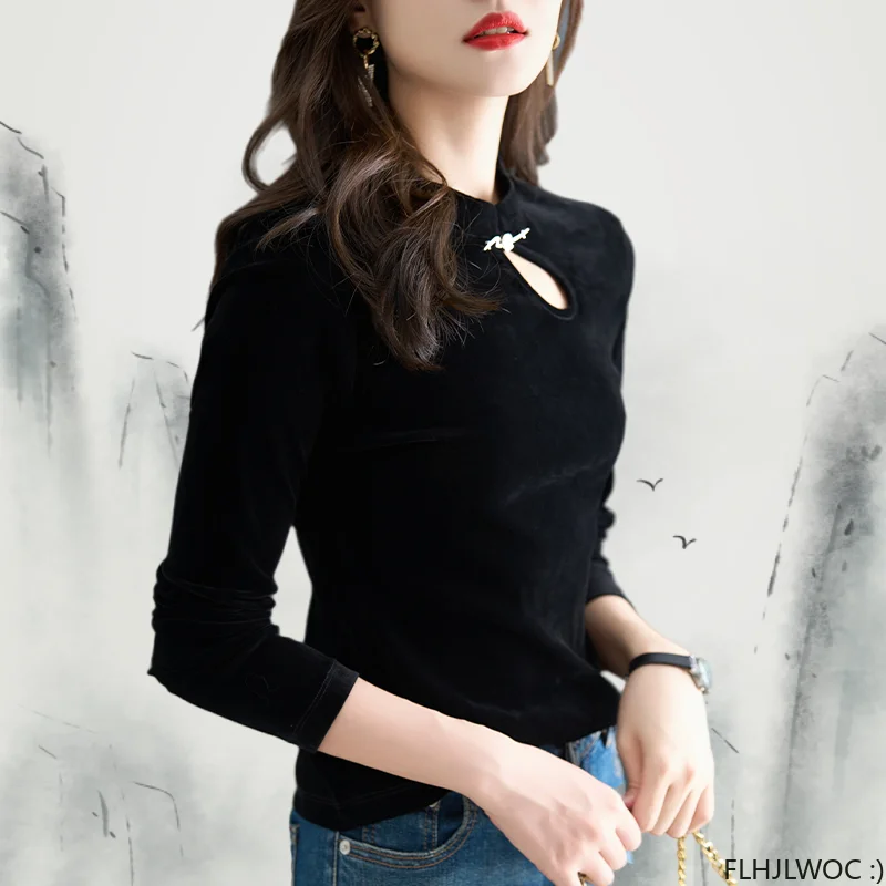 Chinese Style Chi-pao Collar Design Black Velvet Tops New Year 2024 Spring Women Date Girls Elegant Retro Shirt Blouse Vintage